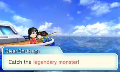 A Mii fishing from a boat. Text says “Clear Challenge: Catch the legendary monster!”