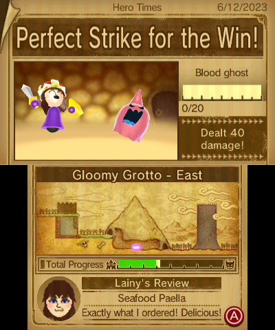 The results screen of StreetPass Chef. Above: A Mii named Lainy defeats a blood ghost. Below: Lainy reviews the Seafood Paella she ate by saying “Exactly what I ordered! Delicious!”