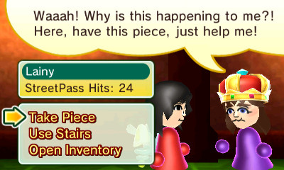 A Mii named Lainy looks scared and says “Waaah! Why is this happening to me?! Here, have this piece, just help me!” with the option to take the piece from her selected.