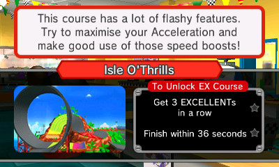The mission screen in StreetPass Slot Racer. To unlock the EX Course, the player needs to finish within 36 seconds and get 3 EXCELLENTs in a row.