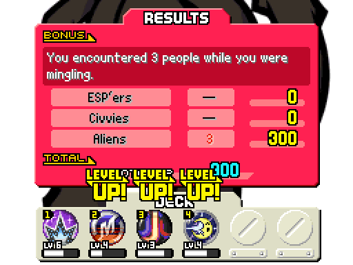 The Mingle results screen in The World Ends With You. The player made contact with 3 Aliens, granting them 300 Mingle PP.