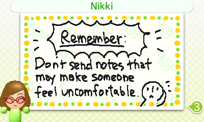 Screenshot of a tutorial SwapNote. Nikki says “Remember: Don’t send notes that may make someone feel uncomfortable.” accompanied by a doodle of someone looking uncomfortable.