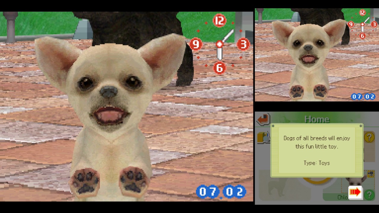 A screenshot of Nintendogs. The top screen has a dog standing on the screen as if it’s glass. The bottom screen has a popup that reads “Dogs of all breeds will enjoy this fun little toy. Type: Toys”