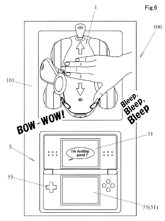 a diagram from the wappy dog patent. after being pet, the wappy dog toy says “Bleep, bleep bleep. BOW-WOW!” The DS, in response, shows the text “I’m feeling good!” in a speech bubble